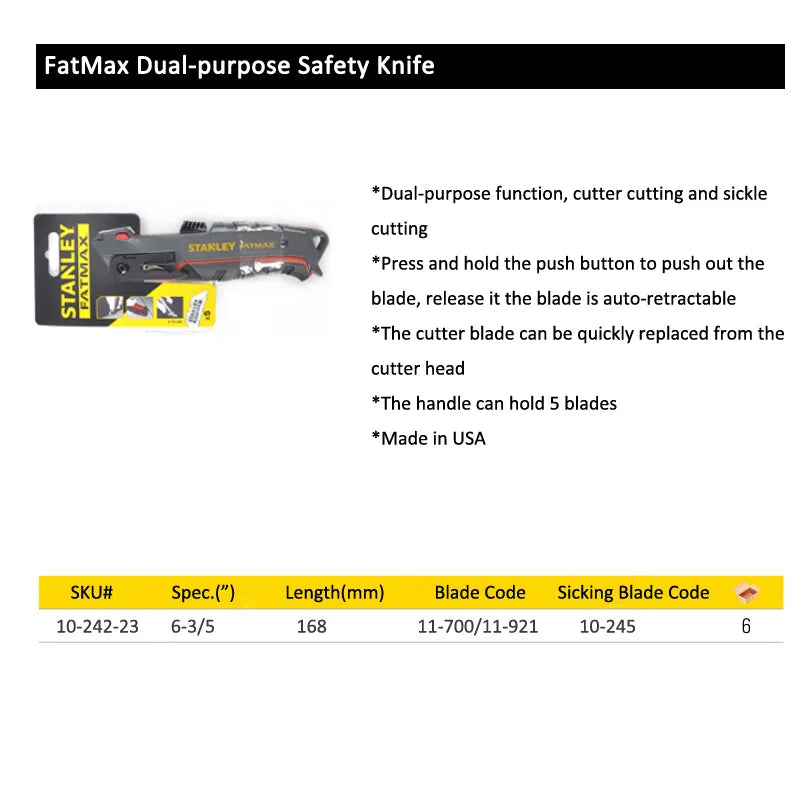 Stanley FatMax Abridor de cajas de cuchillos de seguridad de doble propósito Marca EE. UU. 10-242