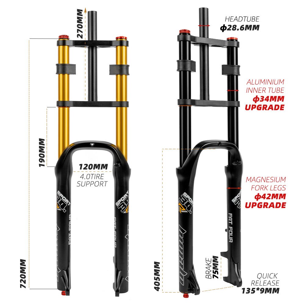 Mountain Fat Bike MTB double shoulder air suspension fork 26 - 4 in 135 mm