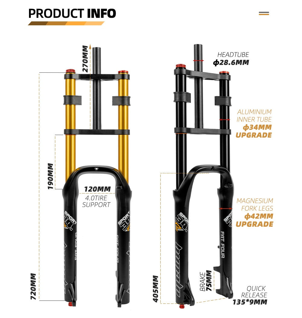 Mountain Fat Bike MTB double shoulder air suspension fork 26 - 4 in 135 mm