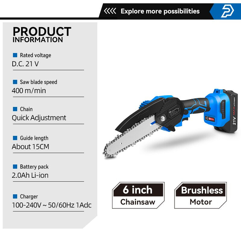 Prostormer 21v 6 In tronçonneuse-élagueuse à batterie sans balais avec batterie et chargeur