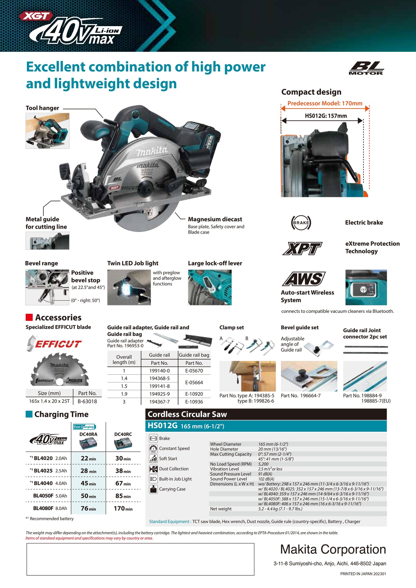 Makita HS012GZ -6.5 In- 5200 rpm Sierra circular inalámbrica sin escobillas 40V XGT Li-Ion 